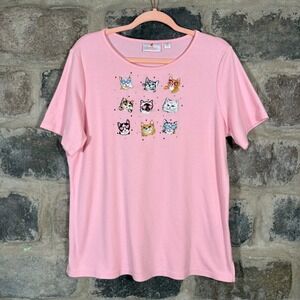 Quacker Factory Pink‎ Tee Shirt Cat Faces Embellished Women's Medium Rhinestone